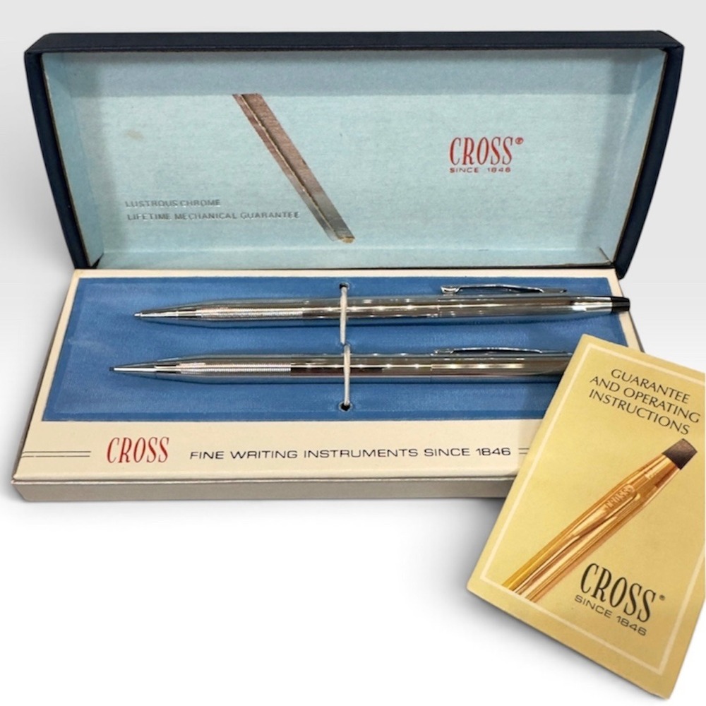 Vintage Cross 3501 Chrome Ballpoint Pen Pencil Set Box Papers USA 1970s MCM Desk